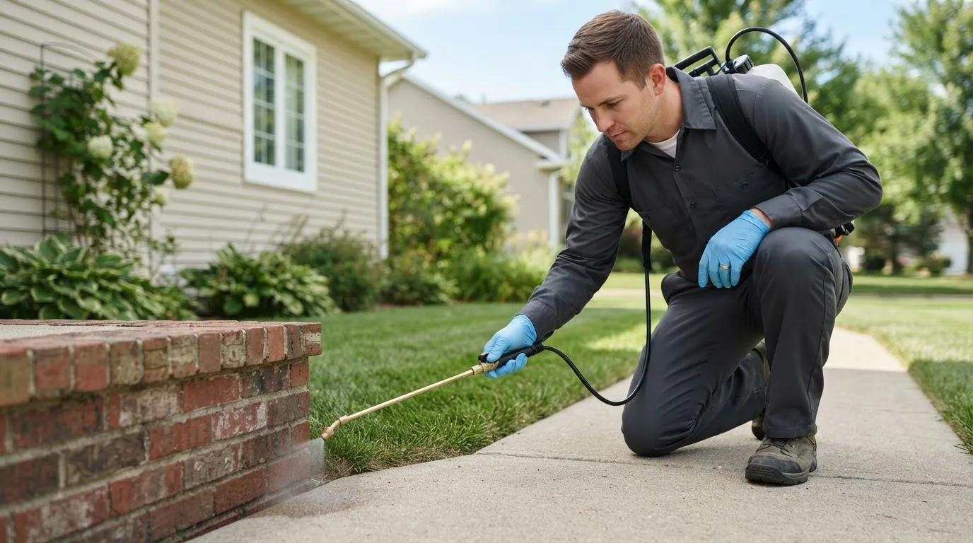 Pest control technician treating a home near New Portland, ME