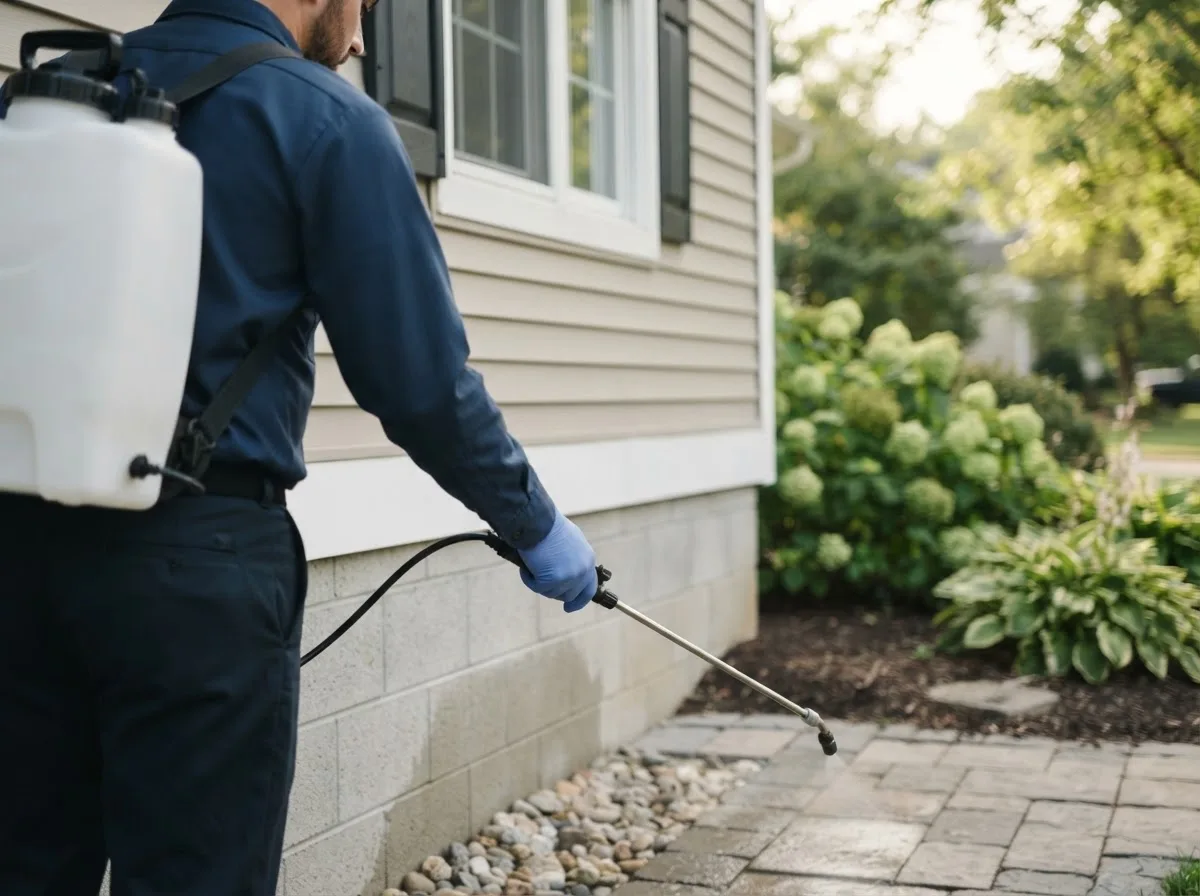 Pest control technician inspecting a home in New Portland, ME